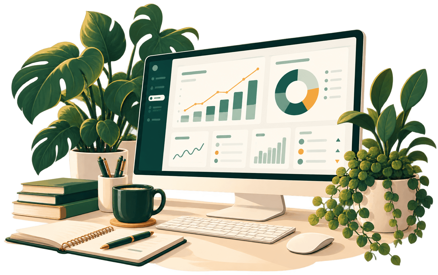 Illustration of a desk with a monitor showing financial charts, surrounded by plants, books, a mug and a notebook.